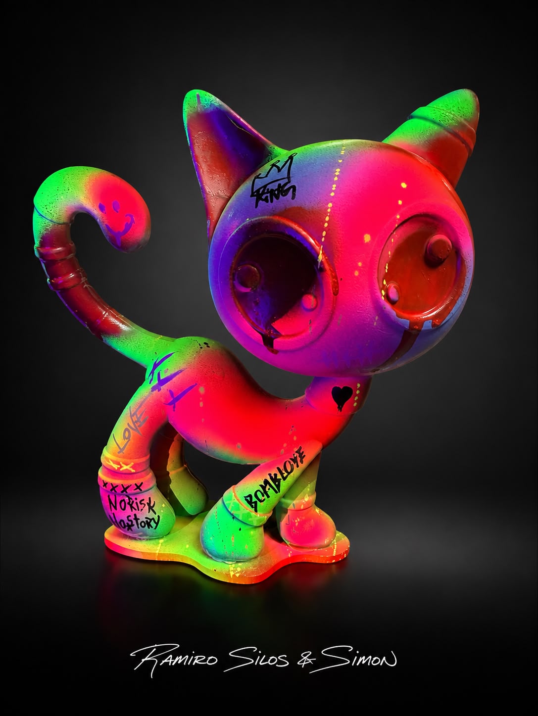 Escultura Cat Zyon Neon Pop Art 25 cm – Peça Única Pintada à Mão