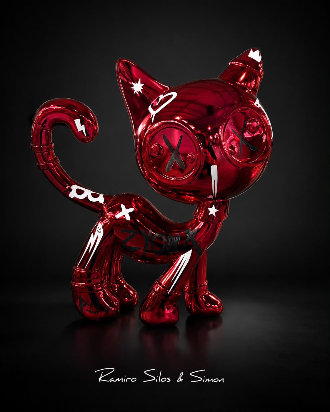 Escultura Cat Zyon Ruby Chrome 25 cm – Peça Única Pintada à Mão | Ramiro Silos & Simon