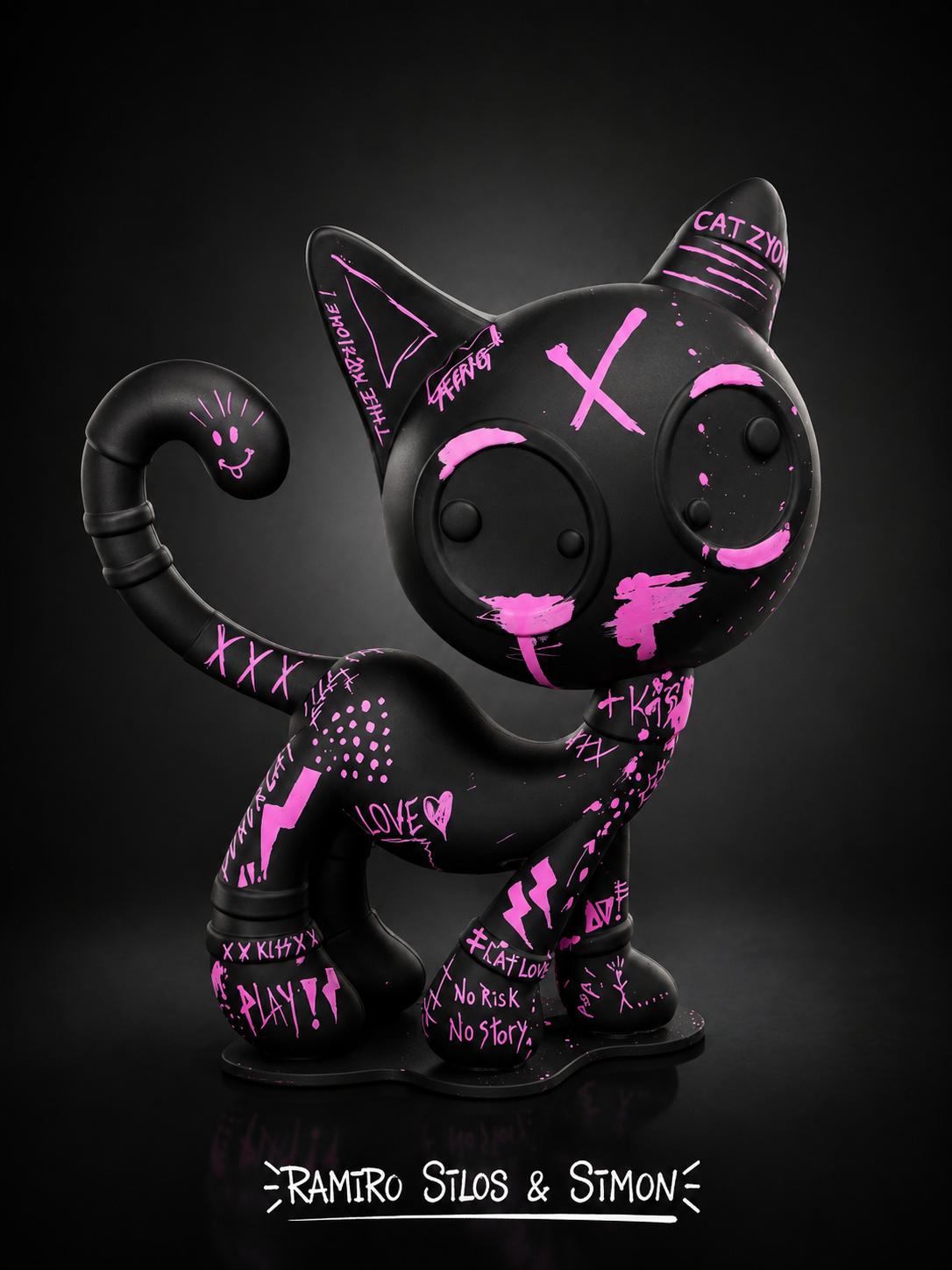 Escultura Cat Zyon Midnight Pink 25 cm – Polipropileno Maciço | Peça Única Pintada à Mão | Ramiro Silos & Simon